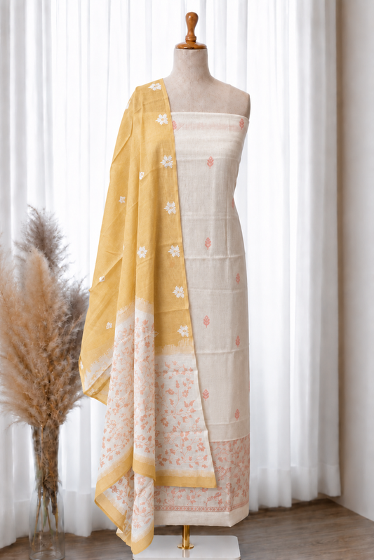 White Mustard Floral Jamdani Linen Set