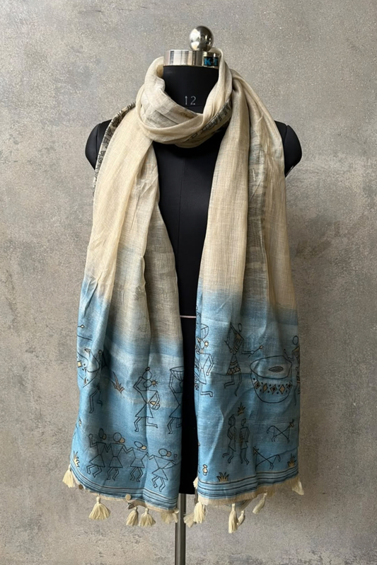 Sky Blue Ombré Warli Woven Dupatta