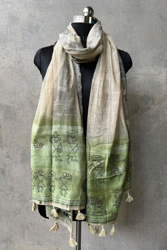Pistachio Green Ombré Warli Woven Dupatta