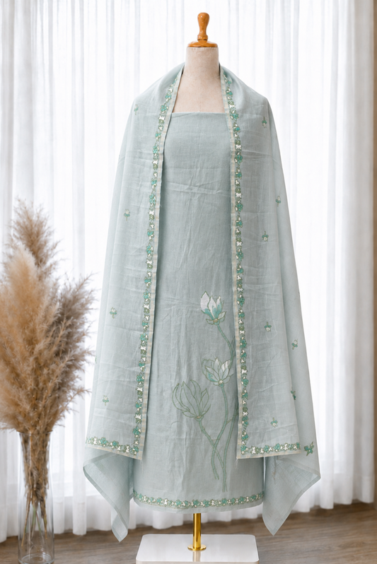 Skyblue Floral Bloom Jacquard Linen Set