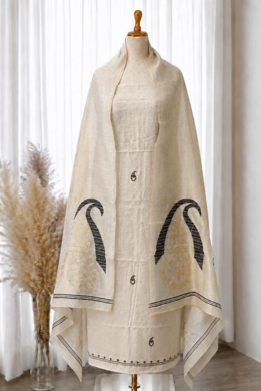 Jamdani Linen Set in Off-White & Black