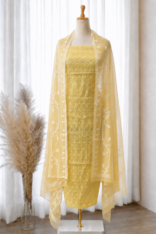 Pastel Yellow Cotton Jamdani Top with Dupatta