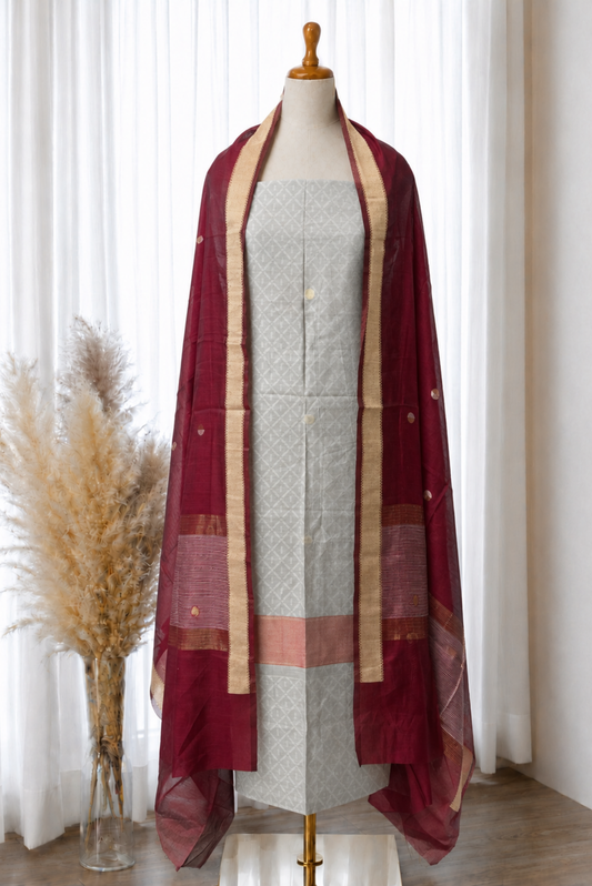 Grey Maroon Jamdani Jacquard Viscose Set