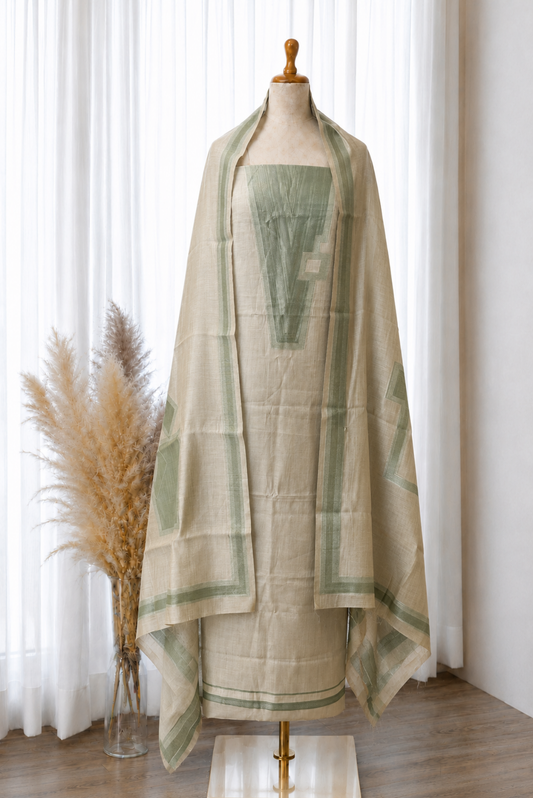 Tusser Green Ikkat Jacquard Viscose Set