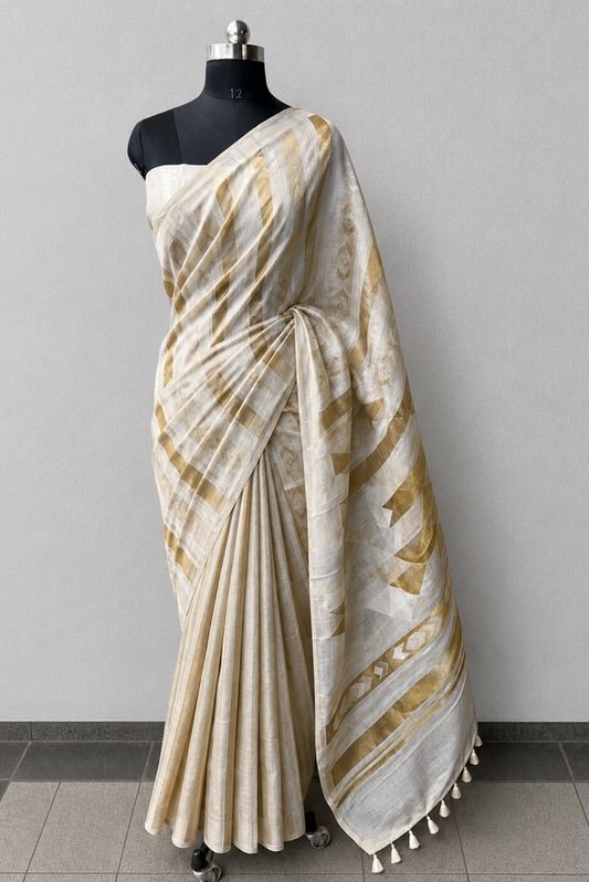 Ivory + Gold Striped Jacquard Saree
