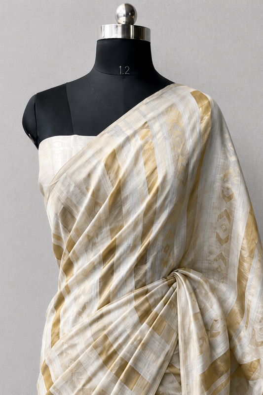 Ivory + Gold Striped Jacquard Saree