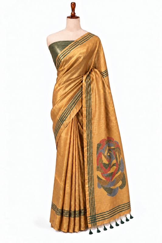 Mustard Gold Tissue Saree with Abstract Rose Pallu