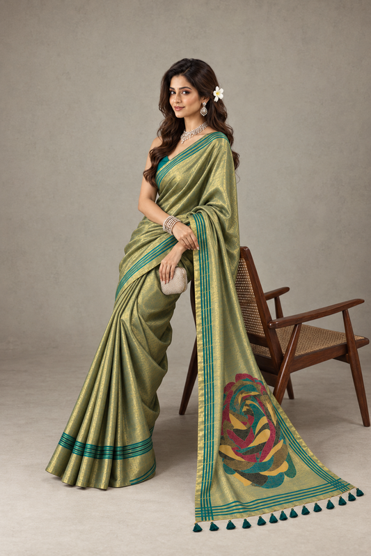 Sage Gold Tissue Saree with Abstract Rose Pallu