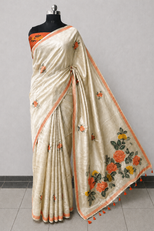 Ivory Tissue Saree with Coral Rose Weave