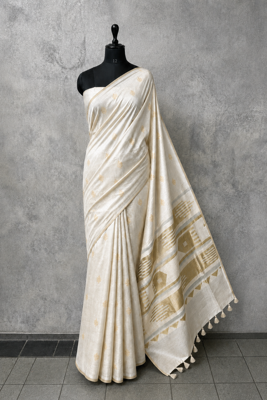 Ivory + Gold Warli Art Jacquard Saree