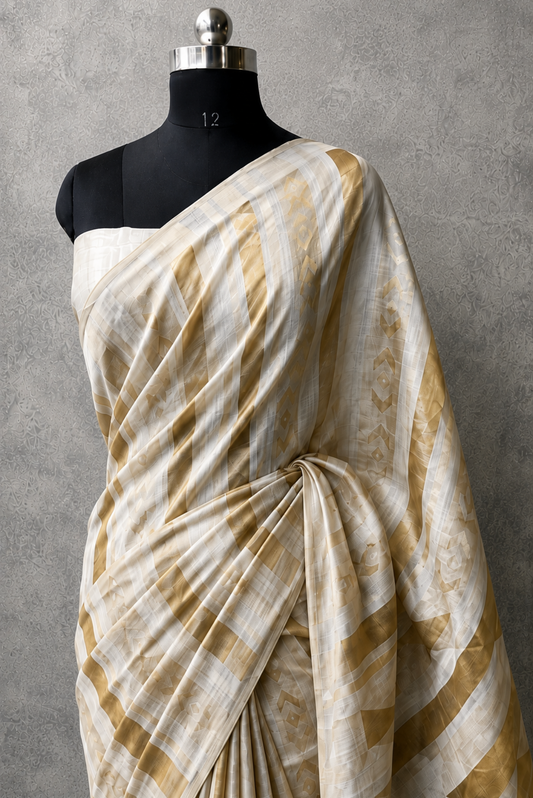 Ivory + Gold Striped Jacquard Saree
