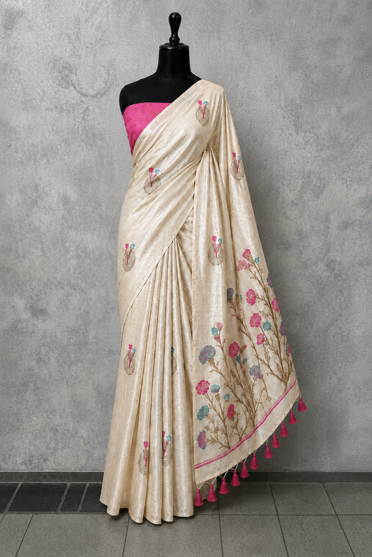 Ivory Tissue Saree with Jacquard Floral Vine Pallu