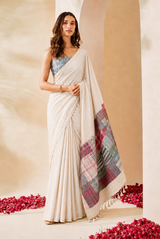 Gamcha Cotton Blend Ivory-Black Grey Saree