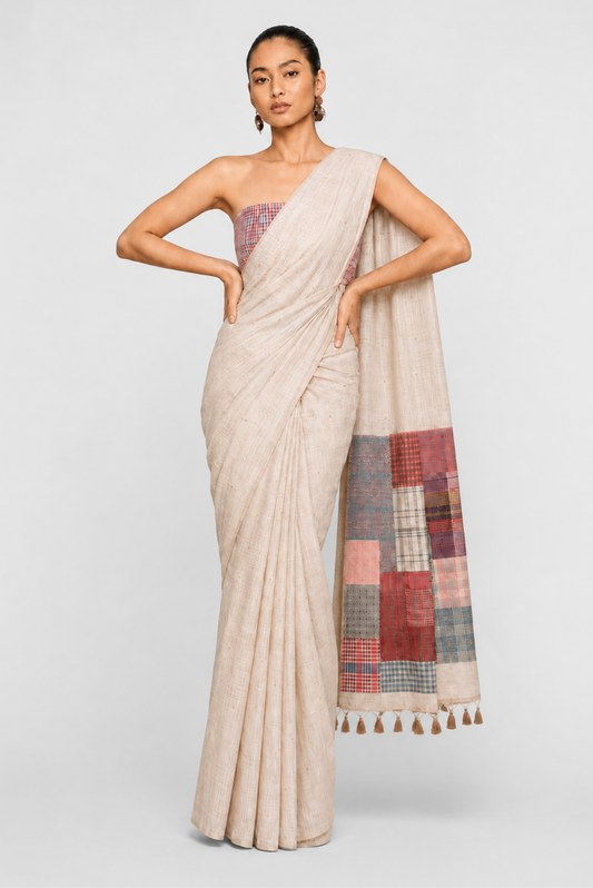 Gamcha Cotton Blend Ivory-Raspberry Sunsetorange Saree