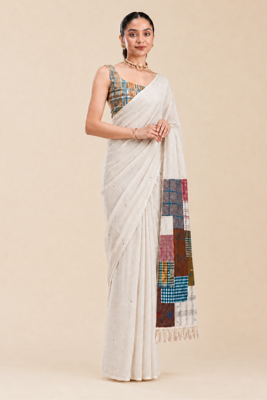 Gamcha Cotton Blend Ivory-Coffee Mustard Saree