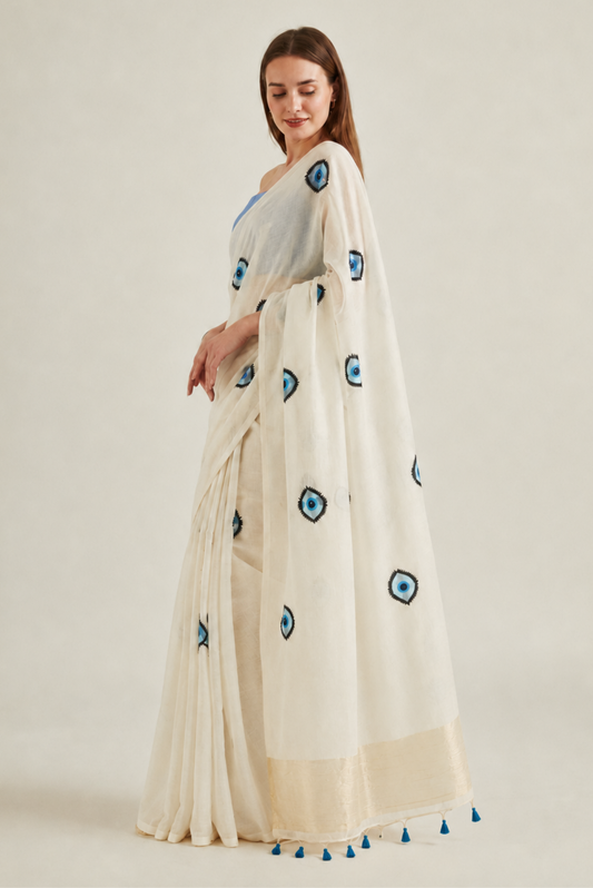 Noor-e-Nazar Cotton Blend Evil Eye Off White + Blue Saree