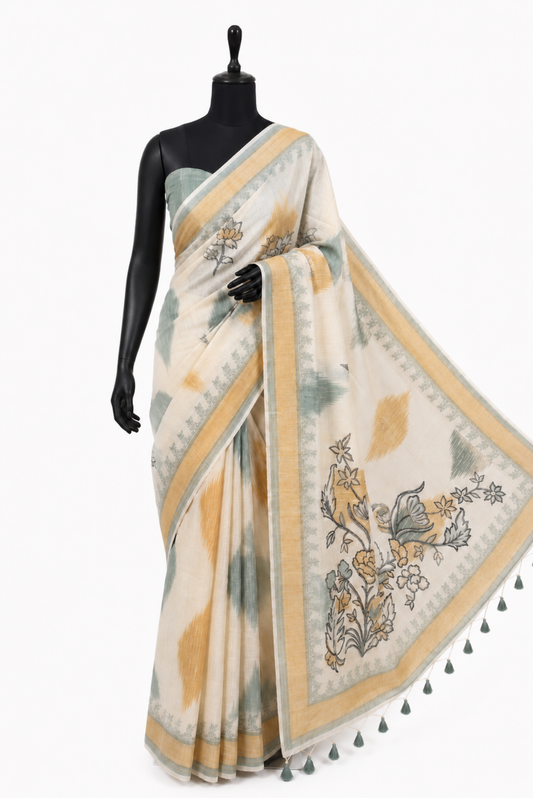Rang Kavya Poly Linen Ikkat Mint Honey Saree