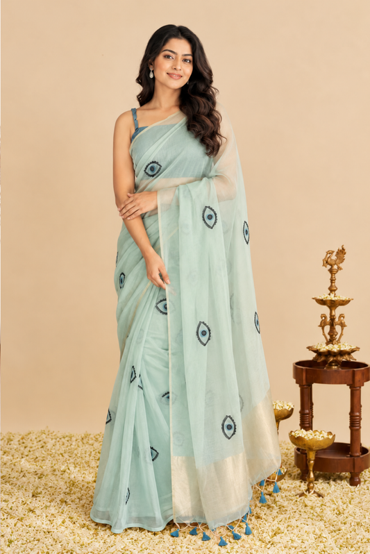Noor-e-Nazar Cotton Blend Evil Eye Baby Blue Saree