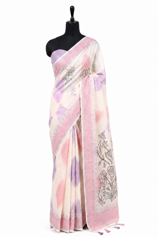 Rang Kavya Poly Linen Ikkat Lavender Pink Saree