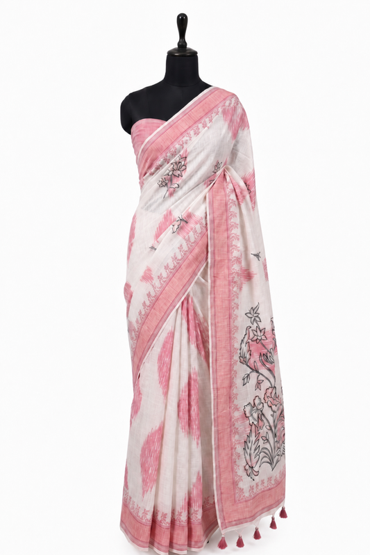 Rang Kavya Poly Linen Ikkat Raspberry Sunsetorange Saree