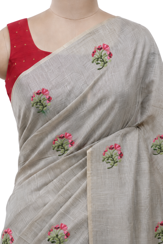 Iraaya Cotton Blend Jamdani Grey Saree
