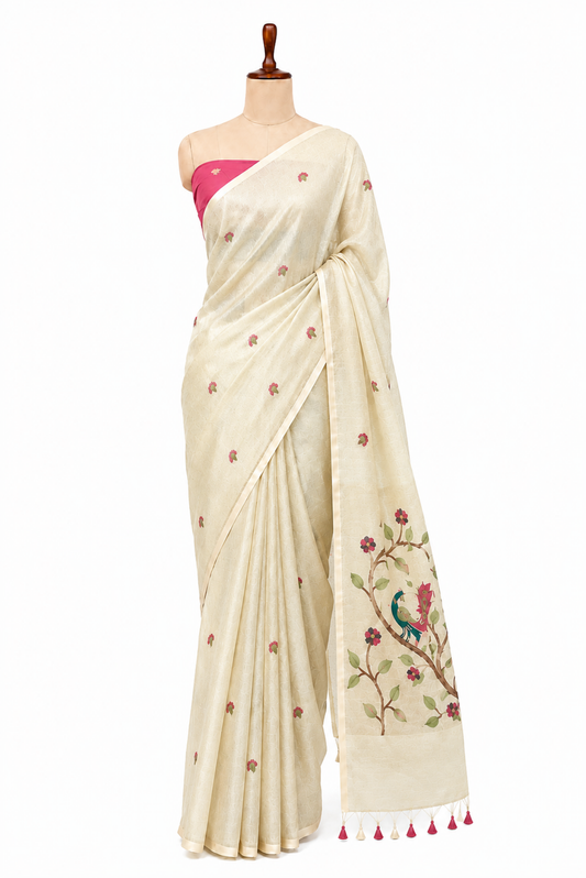 Mayura Vasant Spun Polyester Jamdani Yellow Saree.
