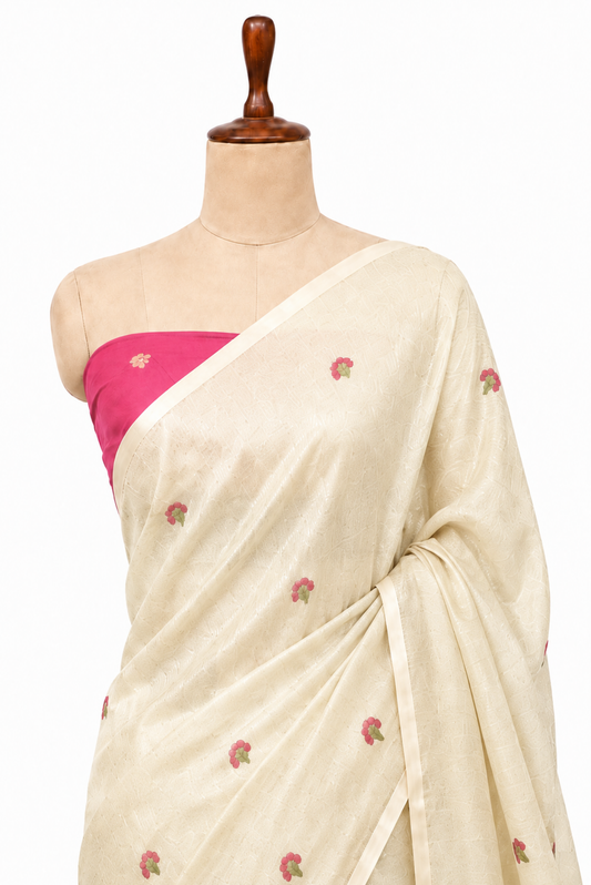 Mayura Vasant Spun Polyester Jamdani Yellow Saree.