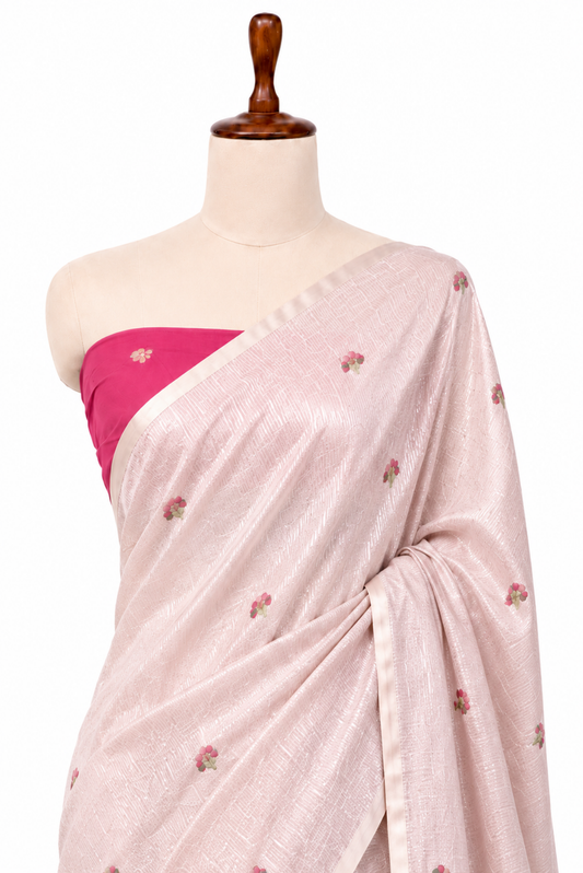 Mayura Vasant Spun Polyester Jamdani Bubblegum Pink Saree.