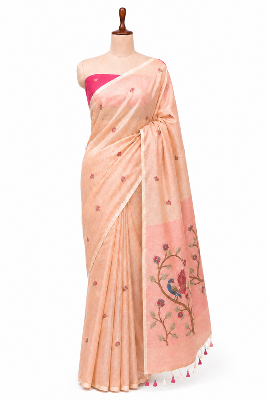 Mayura Vasant Spun Polyester Jamdani Peach Saree.