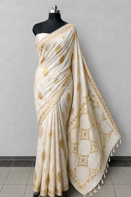 Ivory + Gold Geometric Jacquard Saree