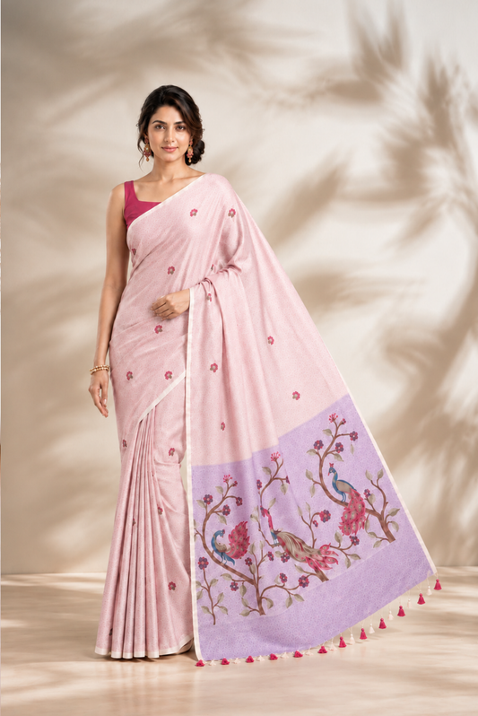Mayura Vasant Spun Polyester Jamdani Bubblegum Pink Saree.