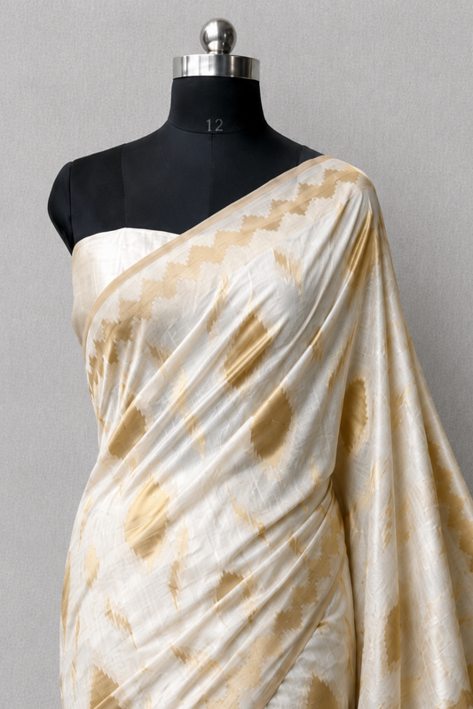 Ivory + Gold Geometric Jacquard Saree