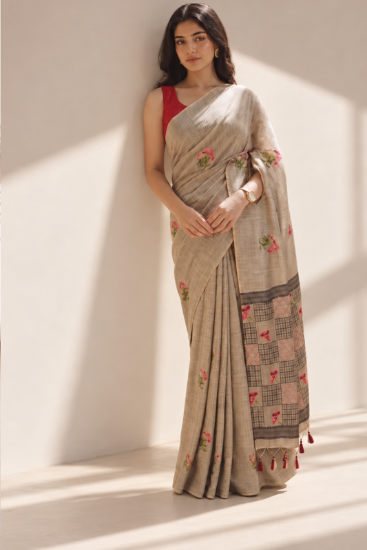 Iraaya Cotton Blend Jamdani Grey Saree
