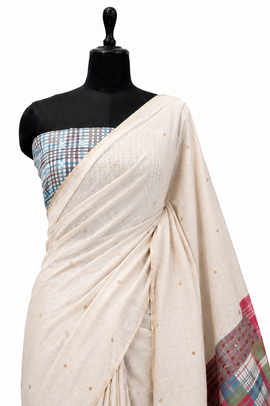 Gamcha Cotton Blend Ivory-Black Grey Saree