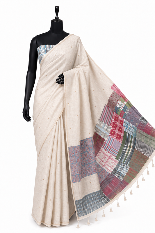 Gamcha Cotton Blend Ivory-Black Grey Saree