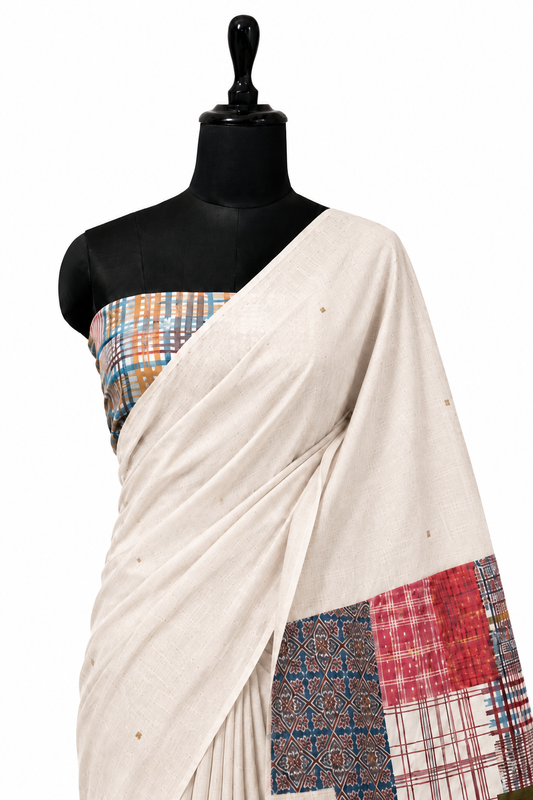 Gamcha Cotton Blend Ivory-Coffee Mustard Saree
