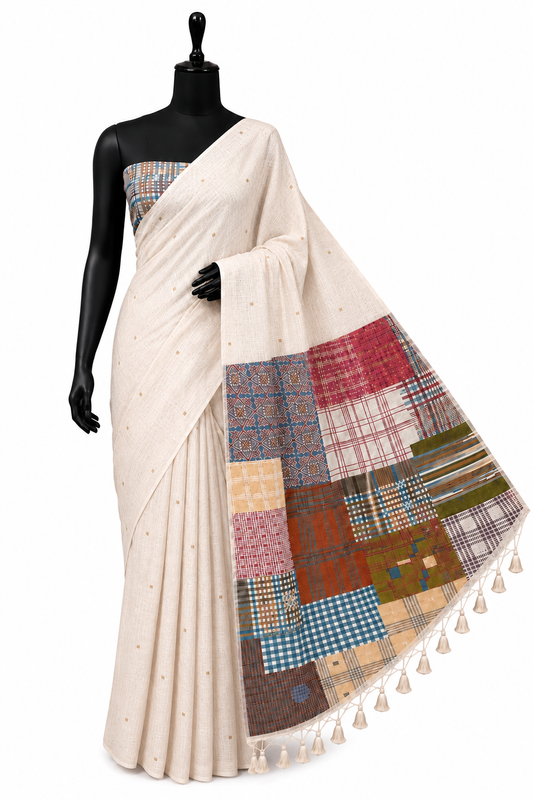 Gamcha Cotton Blend Ivory-Coffee Mustard Saree