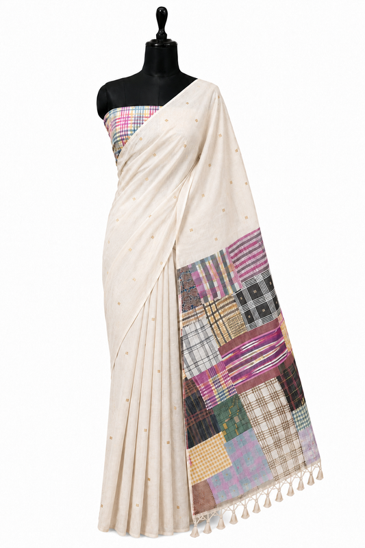Gamcha Cotton Blend Ivory-Magenta Rama Saree