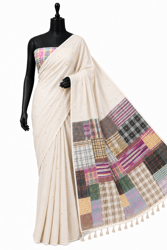Gamcha Cotton Blend Ivory-Magenta Rama Saree