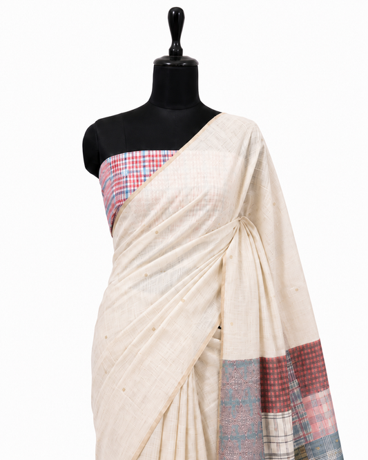 Gamcha Cotton Blend Ivory-Raspberry Sunsetorange Saree