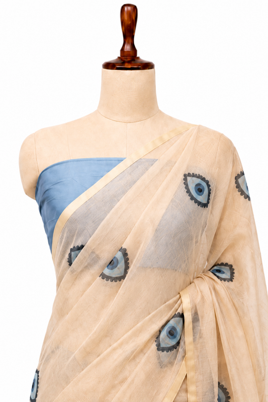 Noor-e-Nazar Cotton Blend Evil Eye Baby Pink + Blue Saree