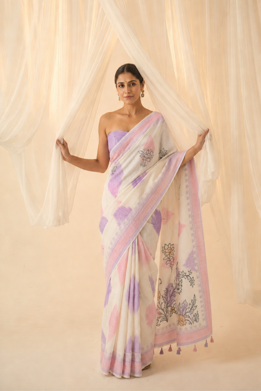 Rang Kavya Poly Linen Ikkat Lavender Pink Saree