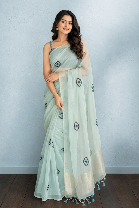Noor-e-Nazar Cotton Blend Evil Eye Baby Blue Saree