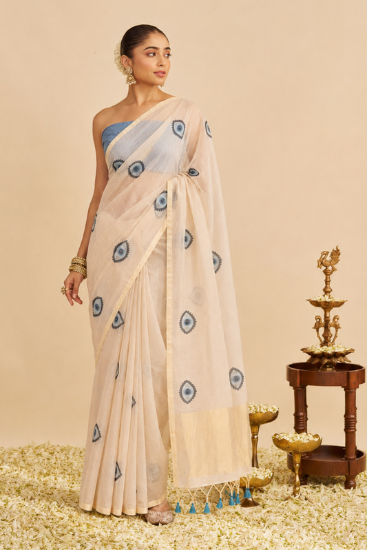 Noor-e-Nazar Cotton Blend Evil Eye Baby Pink + Blue Saree